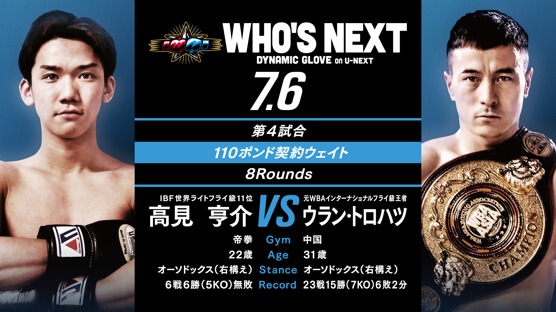 岩田翔吉、世界前哨戦！「WHO'S NEXT DYNAMIC GLOVE on U-NEXT Vol.19」対戦カード発表！ |  コンテンツLOVERメディア U-NEXT SQUARE