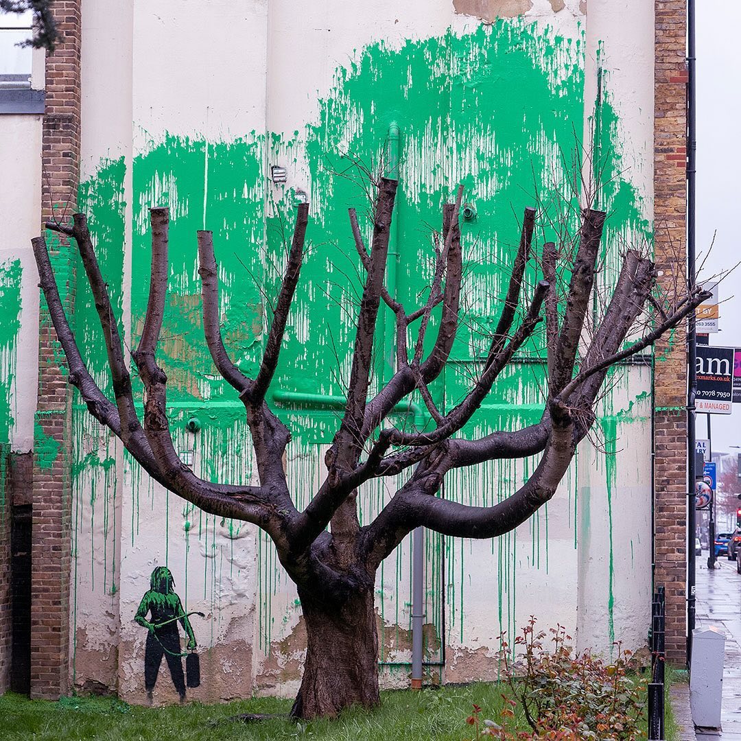 自然破壊への警鐘か？バンクシーの新作が、切られた木の背後の壁画にペンキで描かれる｜Tokyo Art Beat