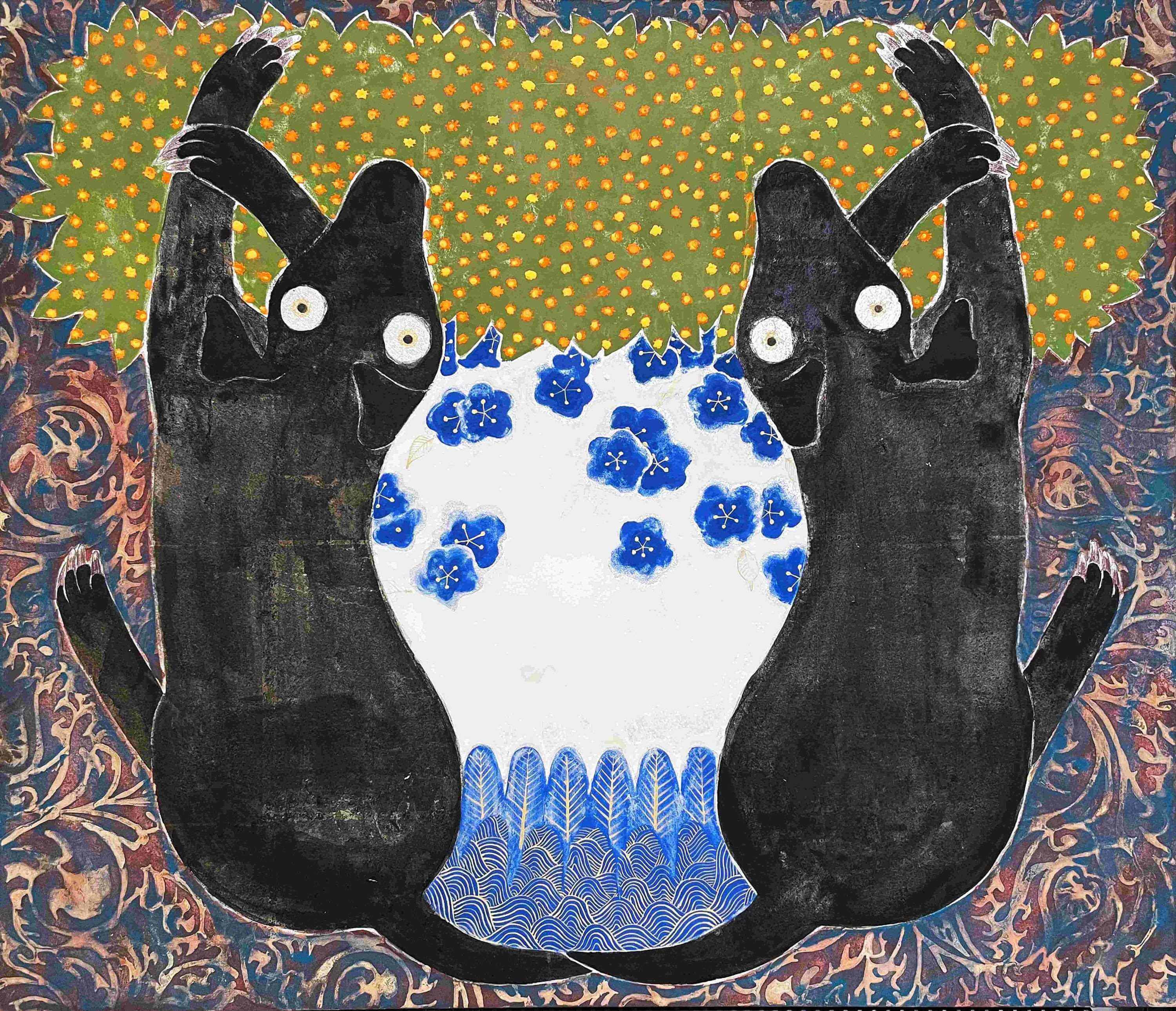 模写/田能村竹田/猫にケイトウ図/絹表装/布袋屋掛軸HB-943 模写/田能村竹田/猫にケイトウ図/絹表装/布袋屋掛軸HB-943