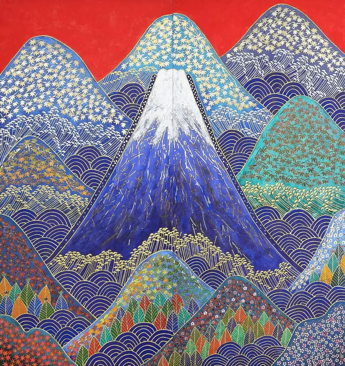 ・平松礼二 紙ミクストメディア 「朱丘春秋」24x24cm 共シール有タトウ箱 平松礼二 紙ミクストメディア 「朱丘春秋」24x24cm 共シール有