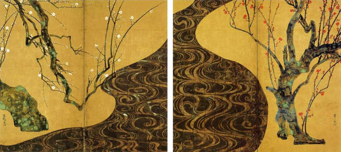 紅白梅に短冊図屏風、超希少・大判画集画、新品高級額装付 西陣織美術 高級日本画インテリア・ギフト 紅白梅図 （尾形光琳