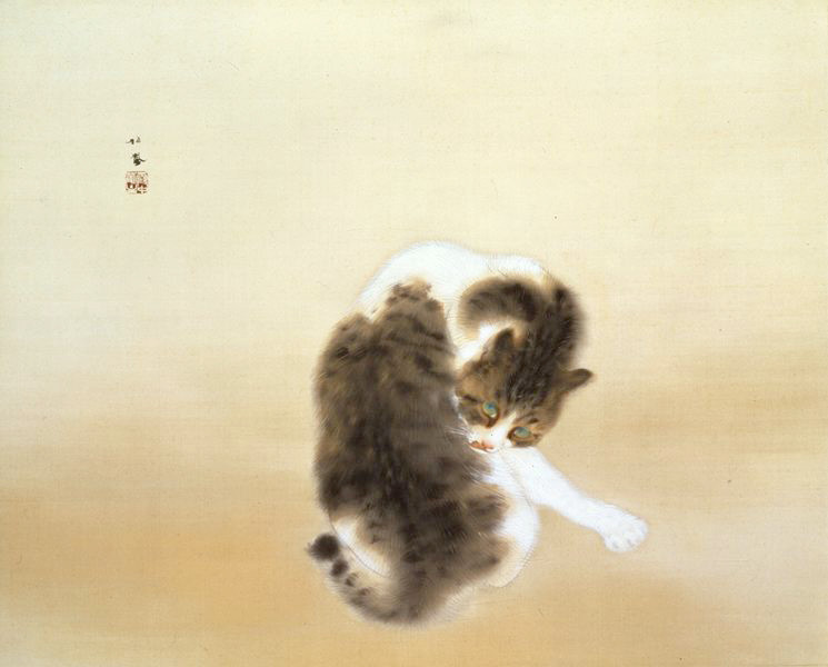 猫    日本画・彩墨画 Amazon.co.jp: 水墨画（墨彩）三毛猫 ねこ 色紙 直筆 肉筆