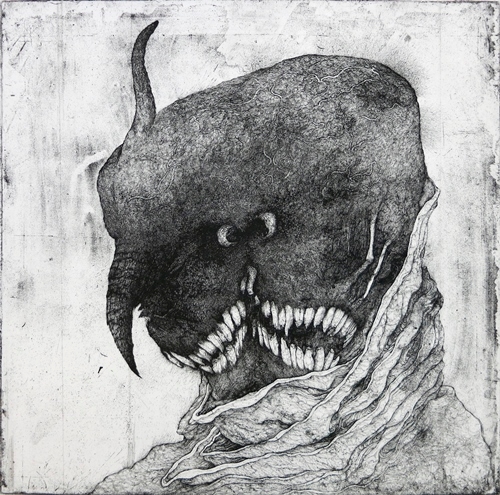 ホルンのアートエッチングのようなリトグラフです