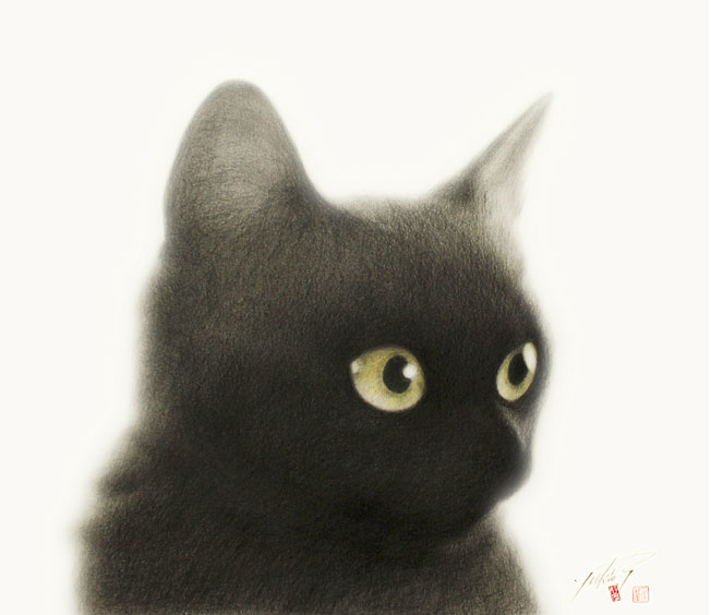 高橋行雄　黒猫　直筆サイン　色鉛筆画　絵画 高橋行雄 黒猫 直筆サイン 色鉛筆画 絵画 高橋行雄 黒猫 直筆サイン