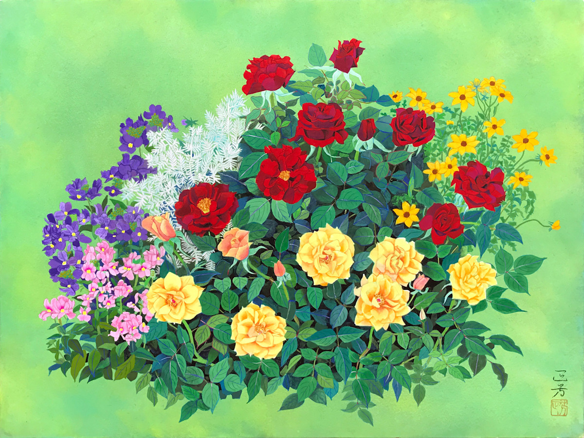 竹と花の版画 大きめのアート作品 デビット　リー　楽園 大竹正芳 「花紀行—四季を感じて」 （東武百貨店 船橋店 5F 美術画廊