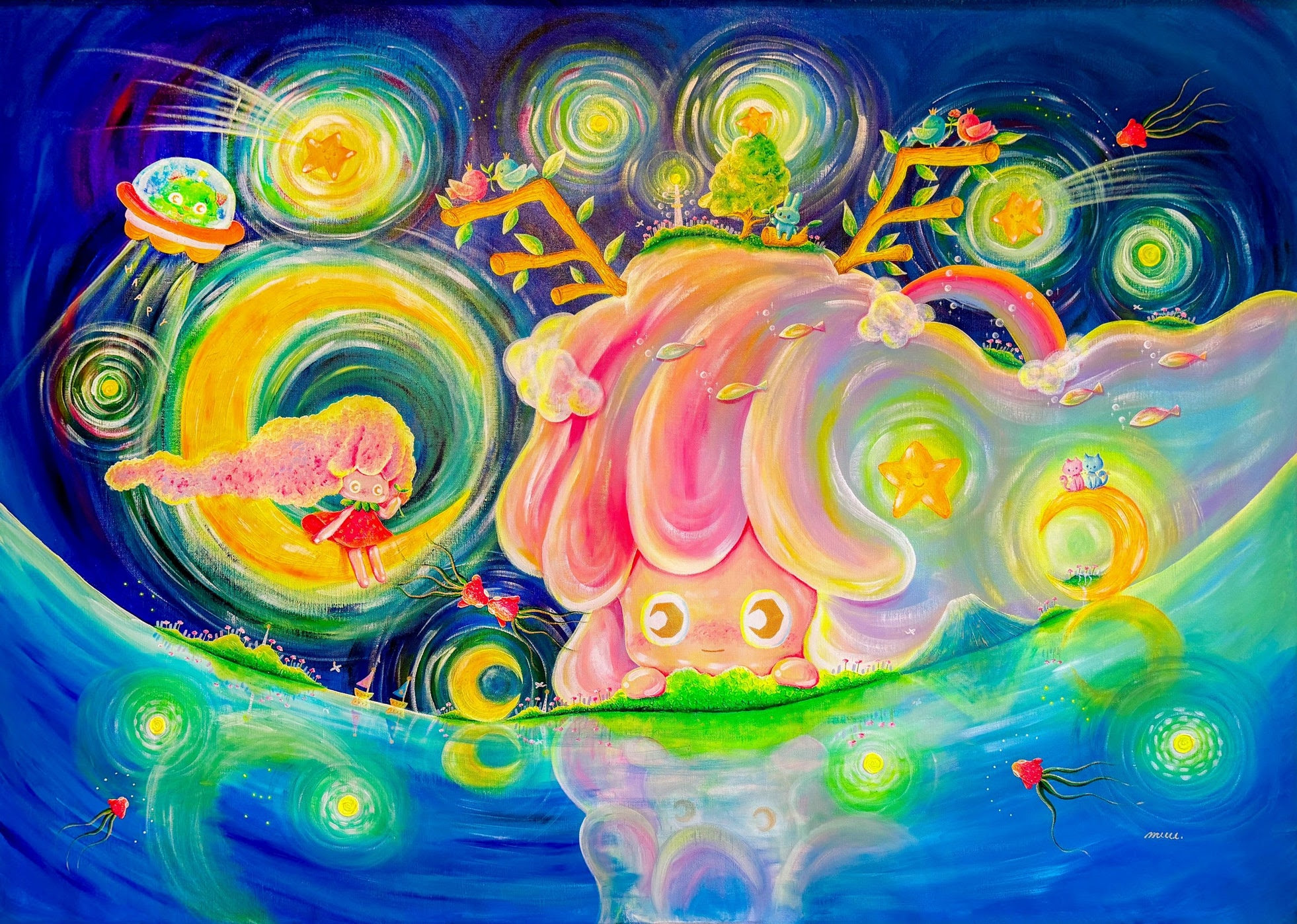 「七つ星の願い」八角形板絵テンペラ画 七つ星の願い」八角形板絵テンペラ画