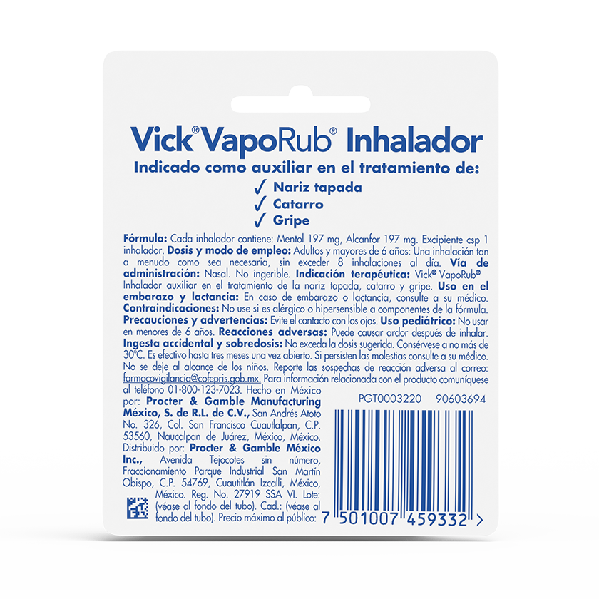 Vick Vaporub - Vaporub Inhalador, 197 mg, para Gripe y Resfriado, con Aroma  a Mentol, Eucalipto y Alcanfor, 12 Unidades : : Salud y  Cuidado Personal