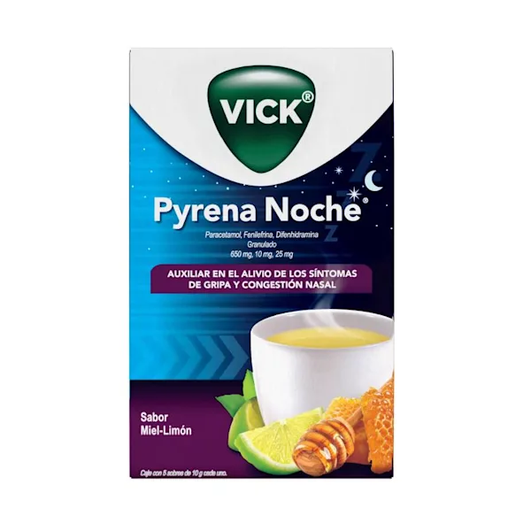 PYRENA NOCHE alivia la gripa y te ayuda a dormir - 5 sobres Packshot, parte frontal