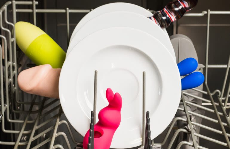 sex toys being cleaned in the dishwasher