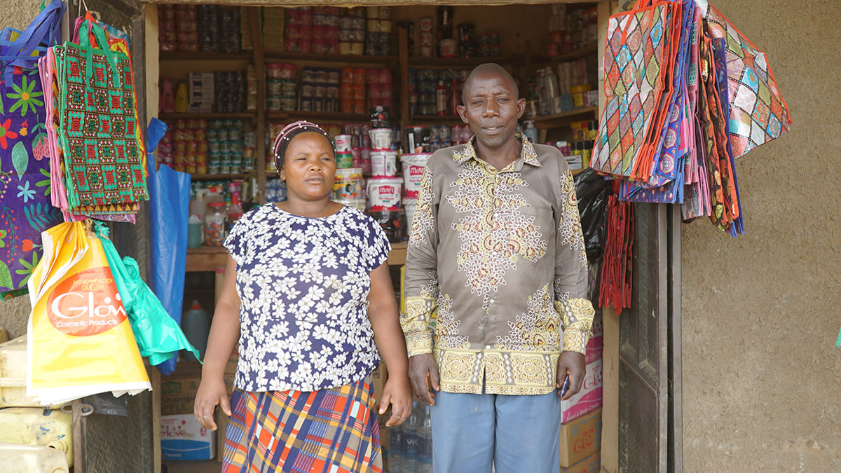Mbatzimuta and Beata, refugees, Kiva borrowers, and shop owners in the Nakivale Refugee Settlement in Uganda