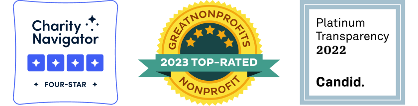 Three charity ratings from Charity Navigator, Great Nonprofits, and Candid.