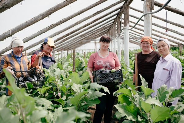 Kiva borrower Tatiana and her employees on her farm in Moldova