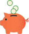 Illustration of a piggy bank with coins falling into it.