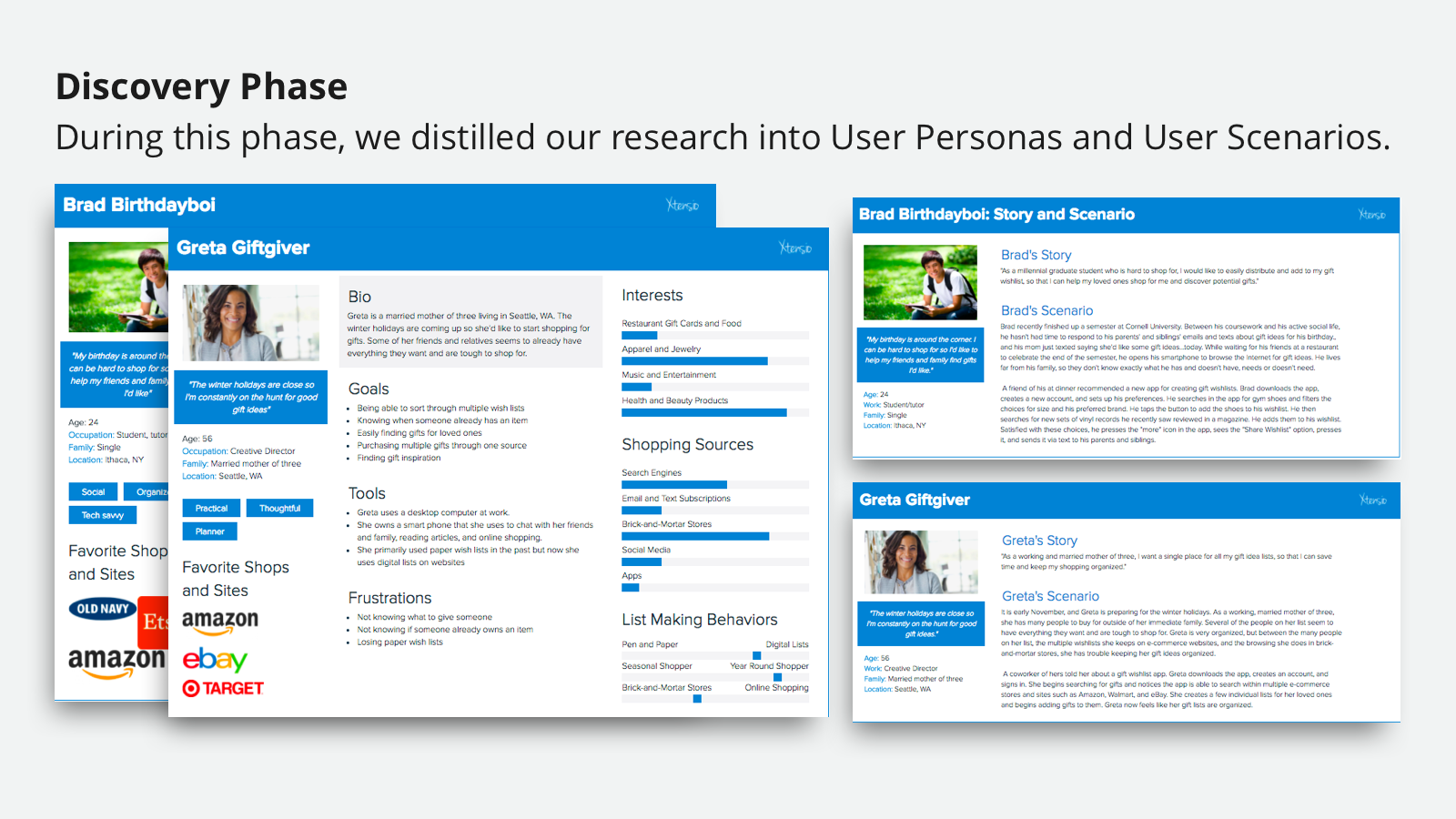 Discovery Phase: During this phase, we distilled our research into User Personas and User Scenarios.
