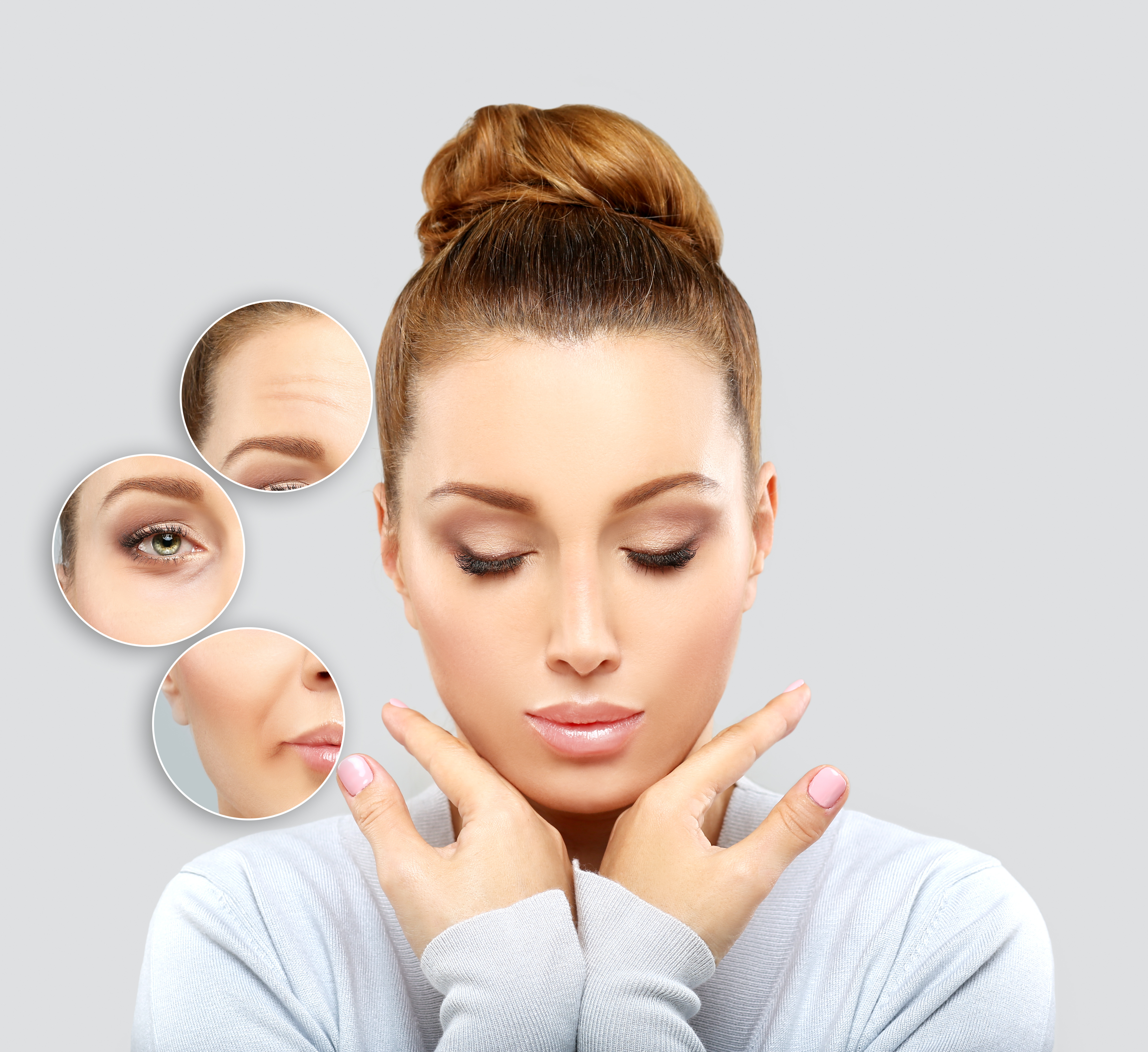 A woman's face with breakout circles that highlight her lips, eyes, and forehead to signify the areas of Botox treatment