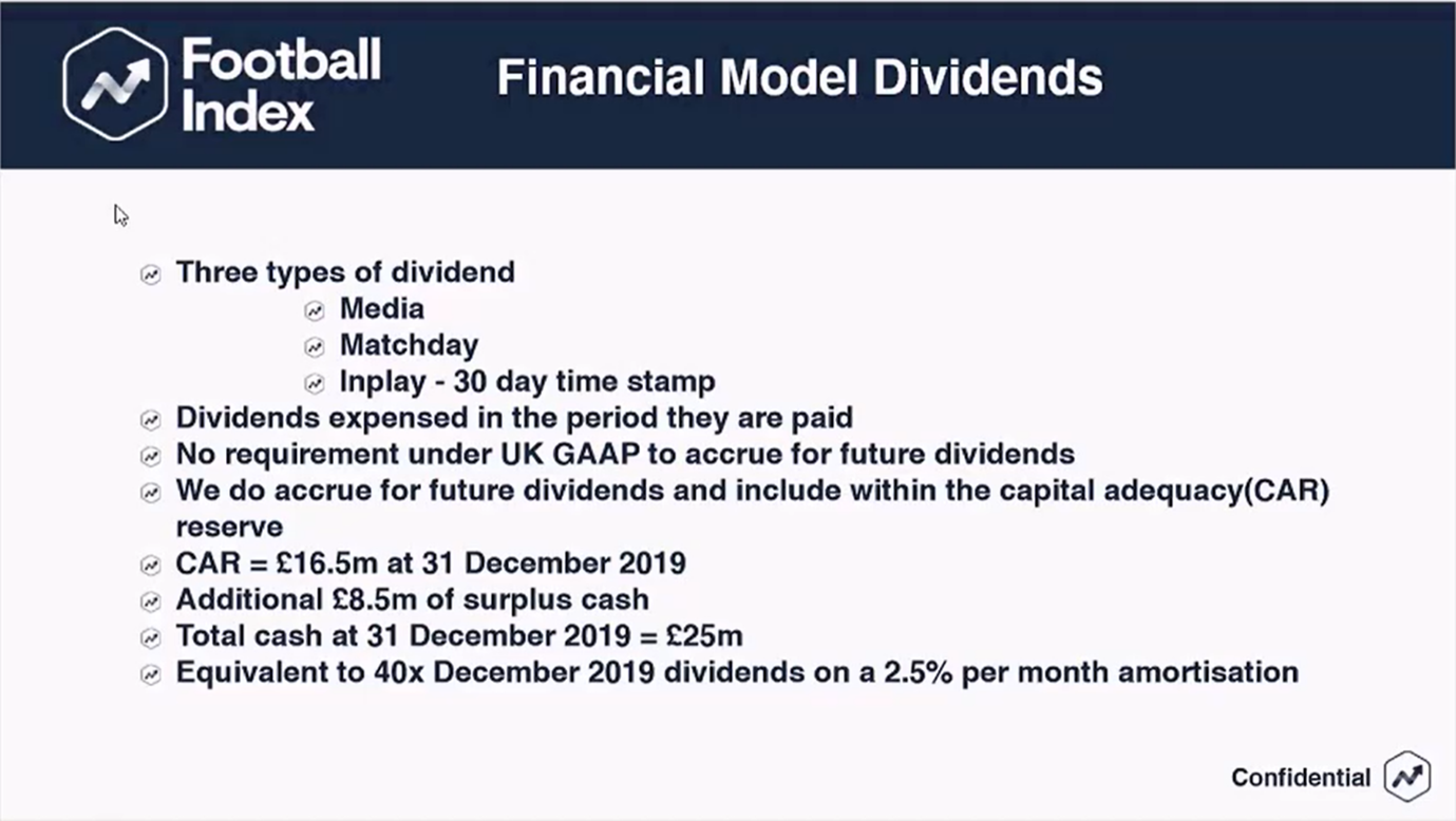 The image is made up of a slide from a presentation slide deck and is entitled Football Index - Financial Model Dividends. The slide shows a number of bullet points and provides an explanation around the three types of dividends offered by Football Index.