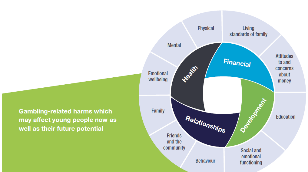 Image 5 - Gambling related harms areas of impact - the image shows 4 interlinking aspects that gambling harms affect in the shape of a circle. The health impacts are broken down into segments in a secondary circle encompassing the first one. 