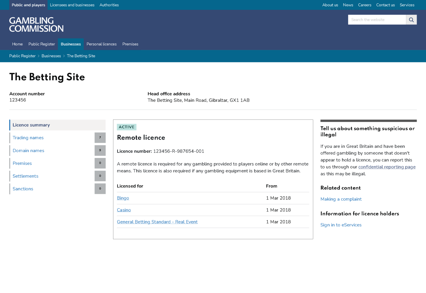 Screenshot of the example betting website on the public register