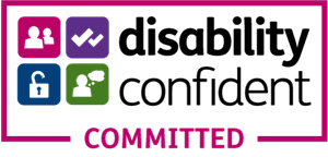 Disability confident committed logo. On the of the logo there are four small squares two by two. From top left to bottom right the squares contain a silhouette of two individuals, two ticks, a padlock that is open and a silhouette of an individual with a speech mark. To the right of these boxes is the words 'disability confident'. Underneath this is the word 'committed'.