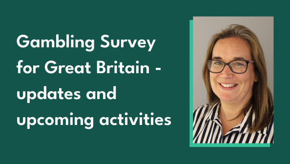 The title "Gambling Survey for Great Britain - updates and upcoming activities" is displayed on the left hand side of the image, over a green background. A picture of the author, Helen Bryce, is displayed on the right hand side of the image.