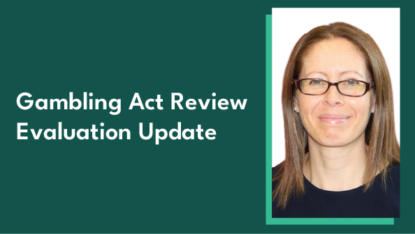 Photo of Commission Director of Policy Bryony Sheldon alongside the blog title 'Gambling Act Review: Evaluation Update' 