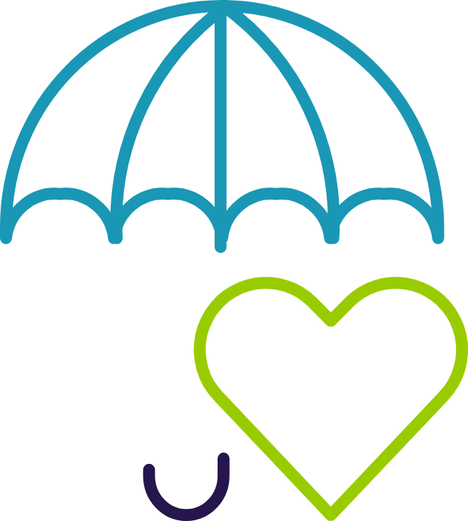 An outline of a blue umbrella that is in an open state. An outline of a green heart is underneath the open umbrella.
