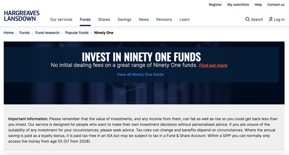 Ninety One investment advertising on Hargreaves Lansdown