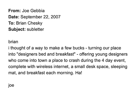 Joe Gebbia email to Brian Chesky in 2007 about an air mattress money making scheme