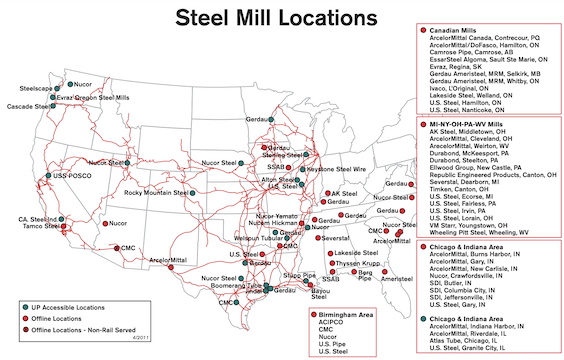 Steel mill locations on a US map