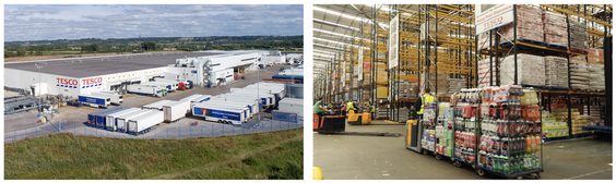 Photo of Tesco trucks outside warehouse and photo of inside the warehouse