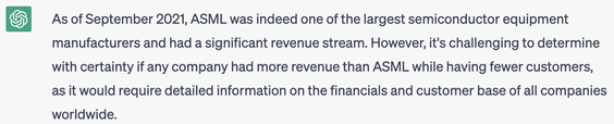 Chat GPT response on ASML revenue and customers