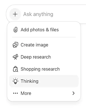 ChatGPT composer plus menu with Thinking selected