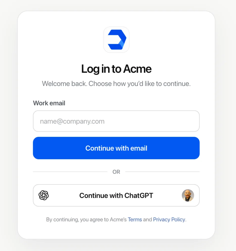 Example Acme sign-in screen with a Continue with ChatGPT option, from the ChatPass article's Connect a participating app or site section.
