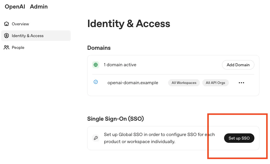 OpenAI Admin Identity & Access page with Single Sign-On section and Set up SSO button
