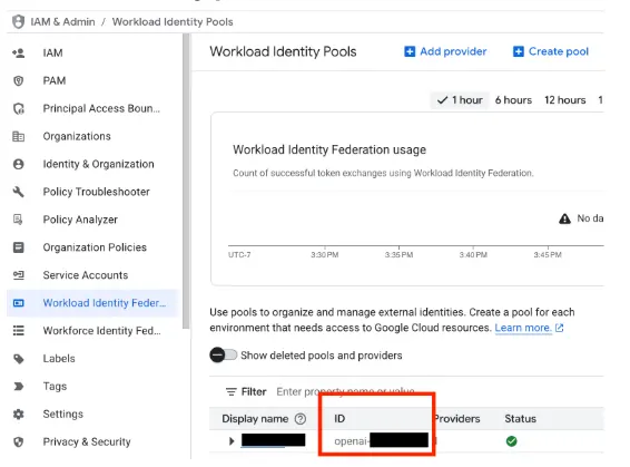 GCP Workload Identity Pools page highlighting the provider ID value needed for OpenAI EKM setup