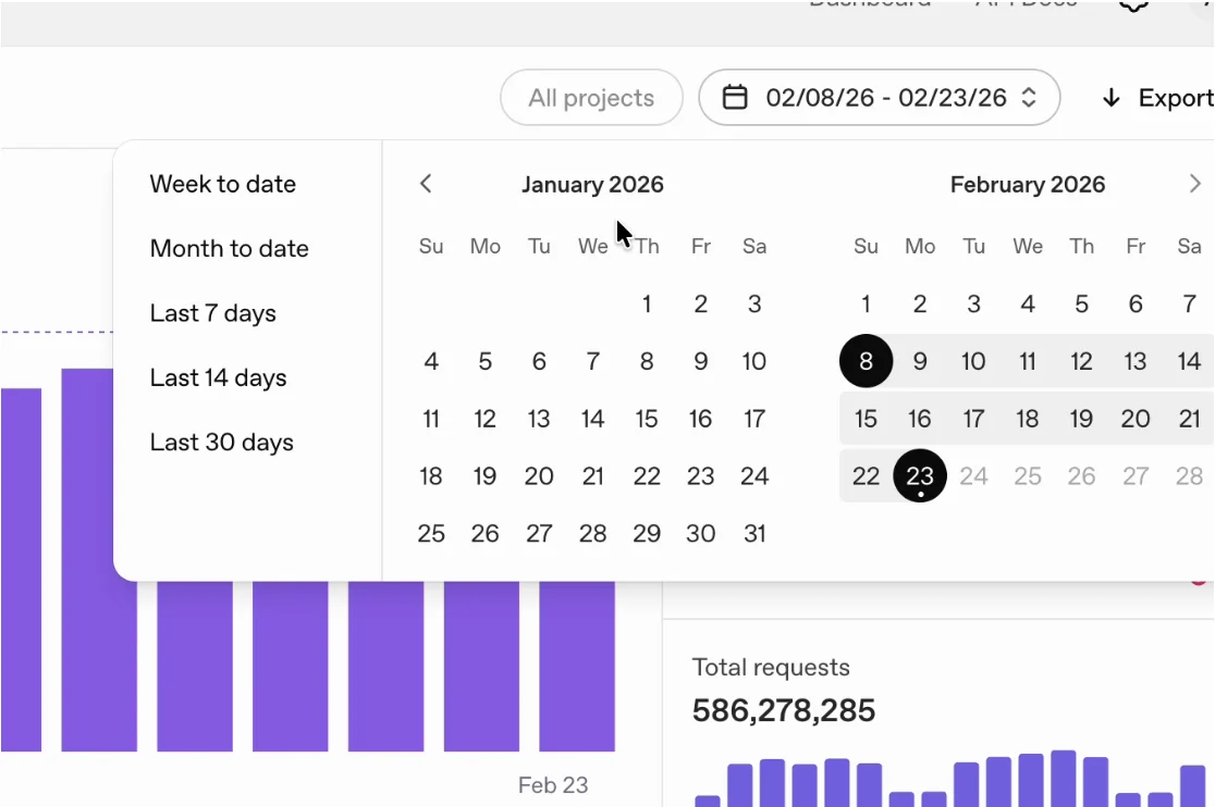 API Usage Dashboard date range picker with custom range 02/08/26 to 02/23/26 selected