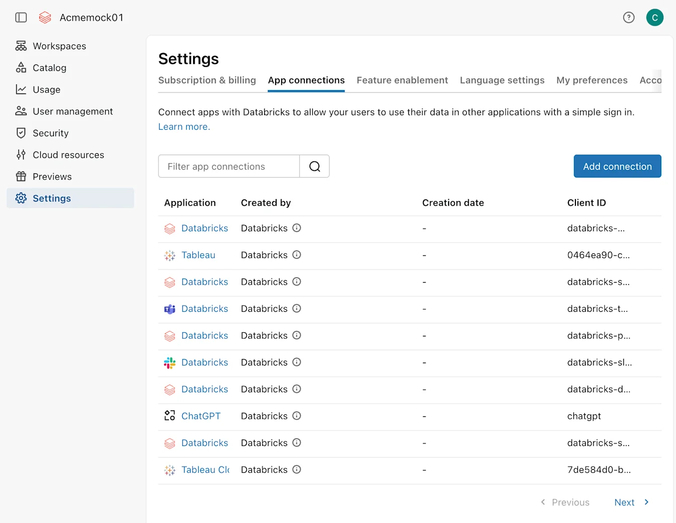 Databricks Account Console Settings page showing the App connections tab and Add connection button.