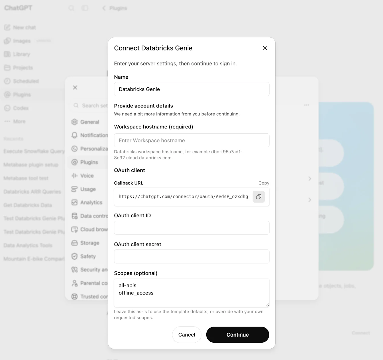ChatGPT Connect Databricks Genie dialog showing the callback URL field and OAuth client settings.