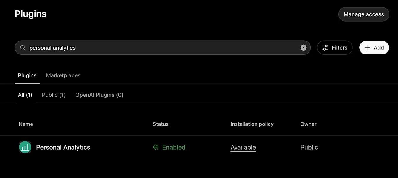 Workspace plugin catalog showing Personal Analytics enabled for members.