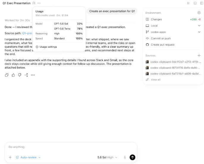 Chat usage details showing credits, an estimated cost when available, and usage settings.