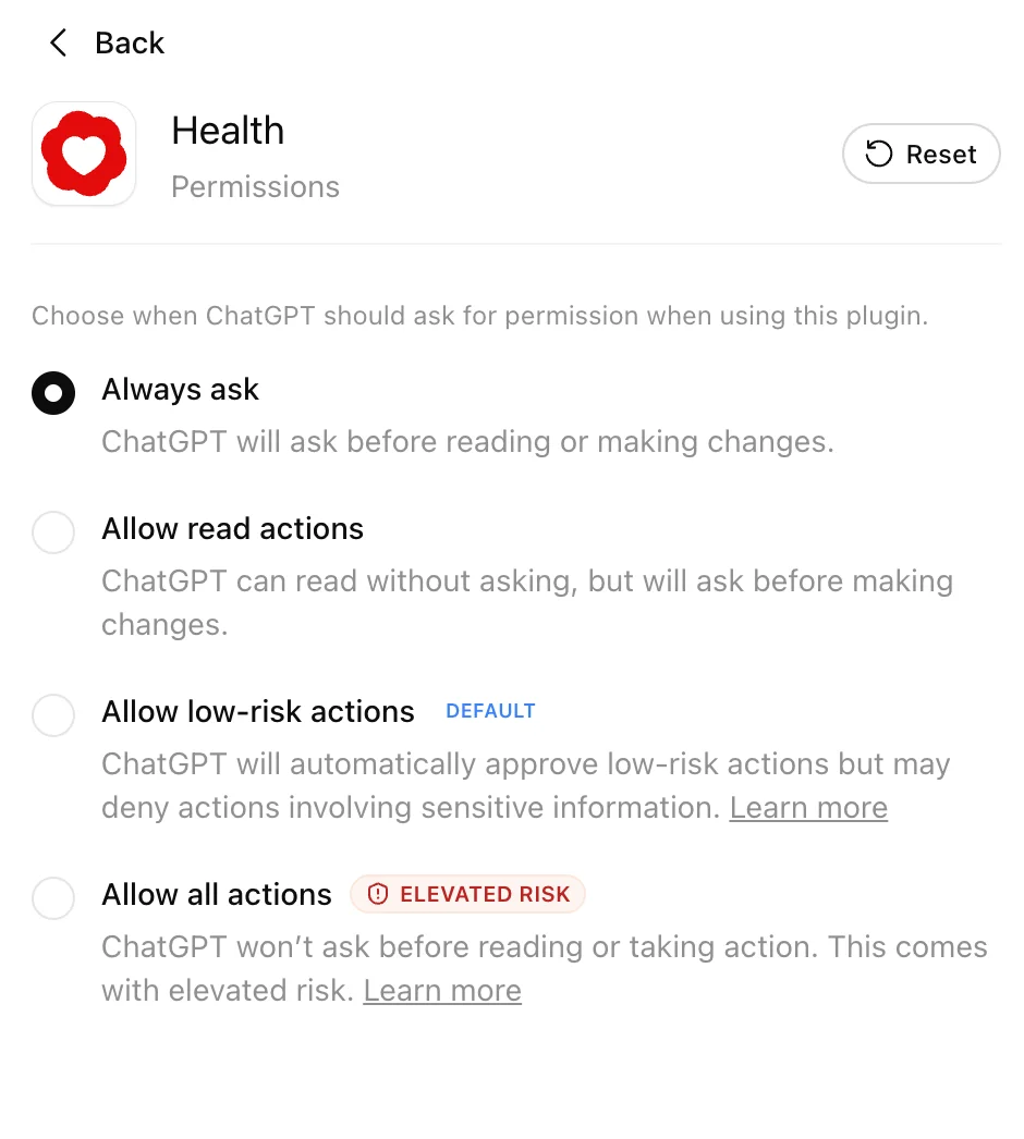 Health plugin permissions screen with “Always ask” selected and options to allow read, low-risk, or all actions.