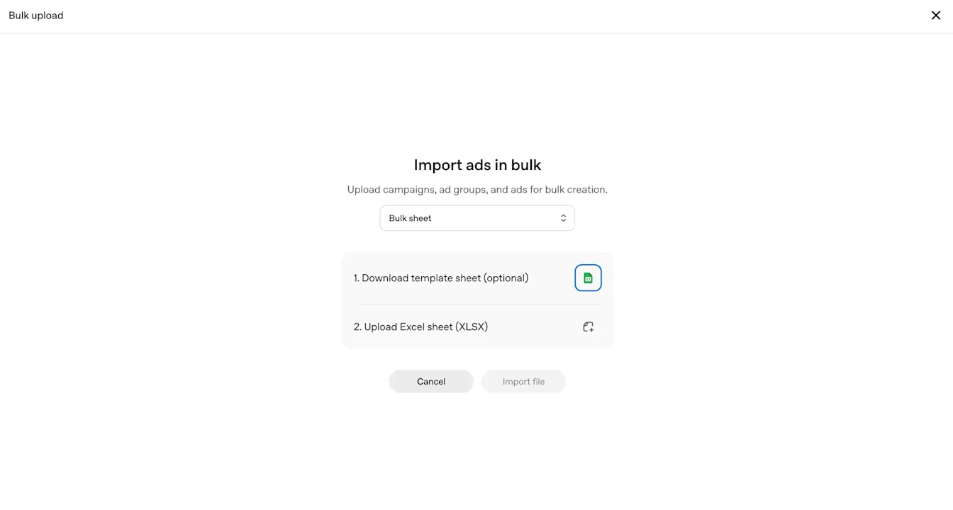 Screenshot from Help Center source article 20001209 showing campaign bulk upload in Ads Manager Beta.