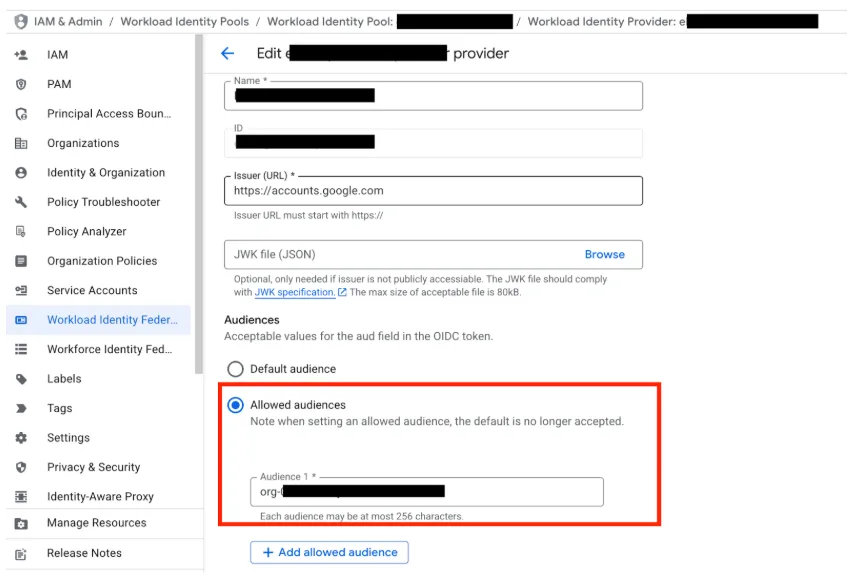 GCP Workload Identity Provider edit page with Allowed audiences selected and Audience 1 entered