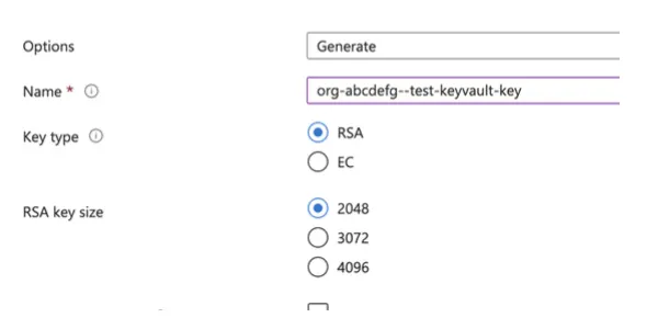 Azure Key Vault key generation form with RSA selected and key name org-abcdefg--test-keyvault-key
