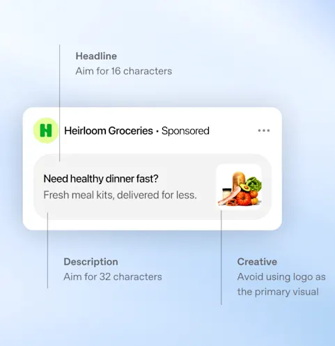 Screenshot from Help Center source article 20001207 showing ad creative guidance for headline, description, and creative image placement.