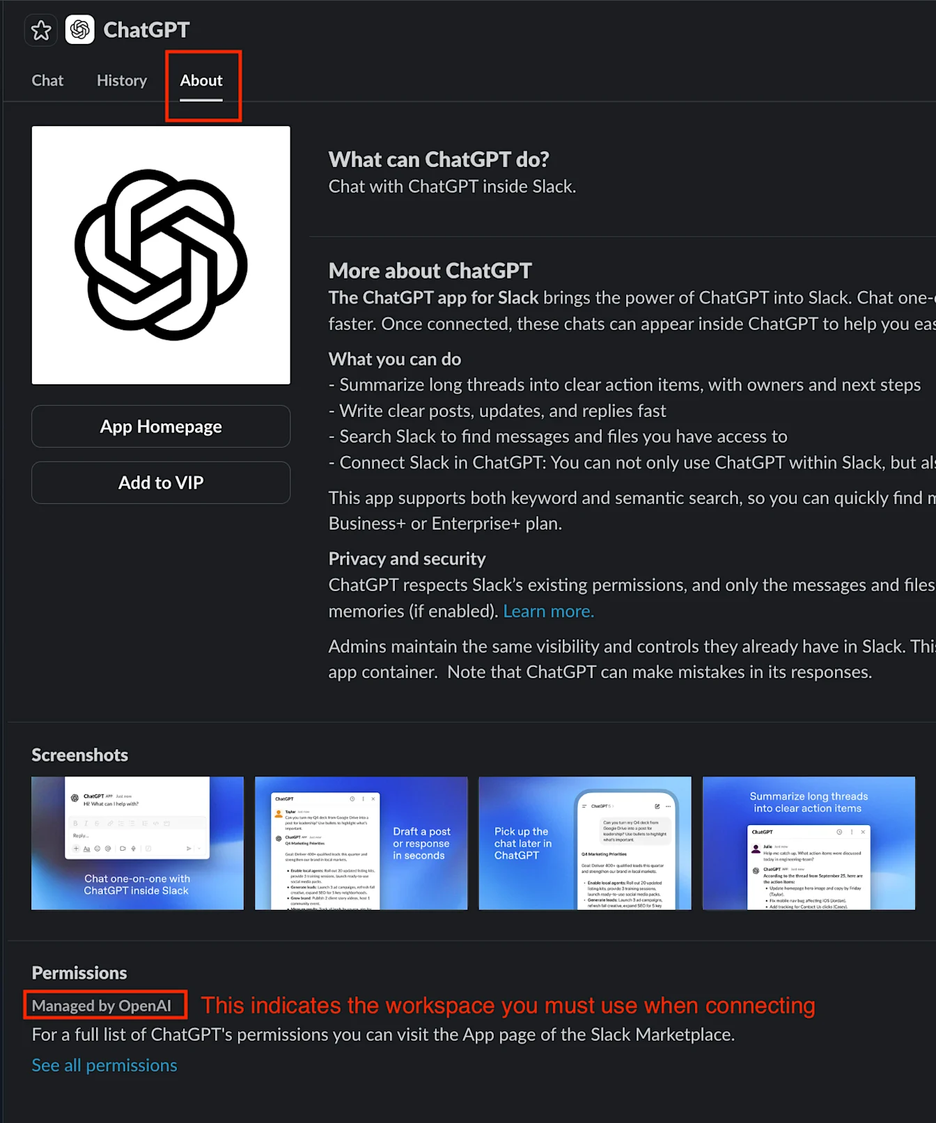 Slack Marketplace ChatGPT app About tab with Permissions listing Managed by OpenAI