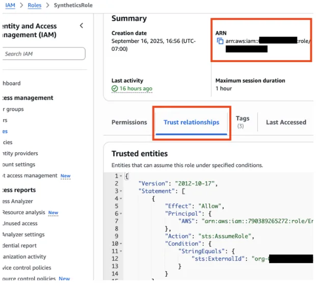 AWS IAM role details with Trust relationships tab open and the role ARN highlighted