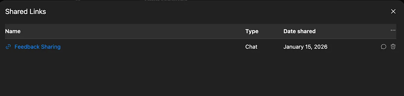 Shared Links dialog with one shared chat, Feedback Sharing, dated January 15, 2026, with comment and remove icons