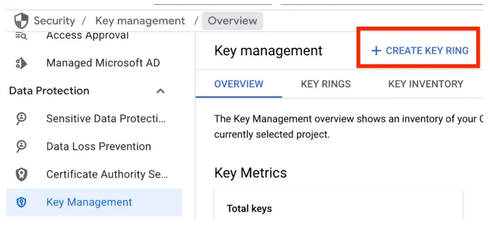 GCP Key Management Overview page with the Create Key Ring button highlighted