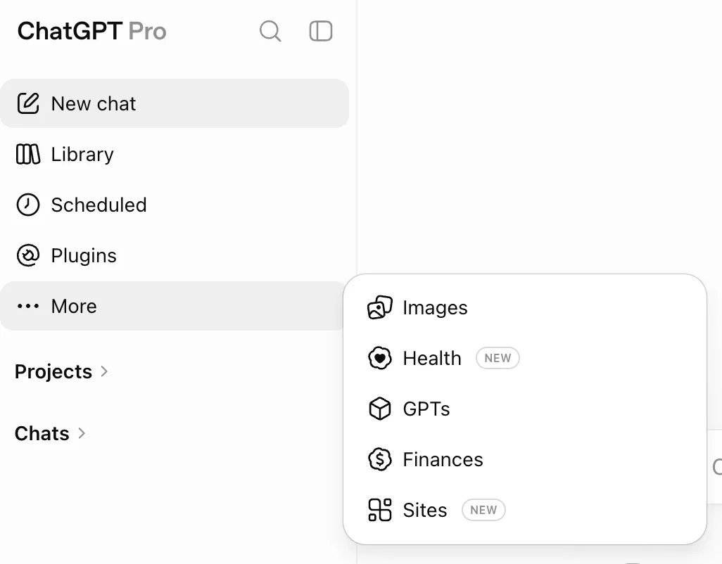 ChatGPT sidebar with the More menu open, opening a menu where Health appears as a badge between Images and GPTs.